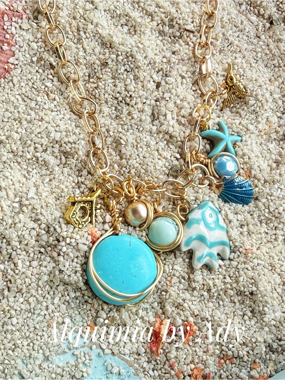 Turquoise gold charms shells 🐚 Necklace — Gold Chain, Charms & ceramic fish 🐟